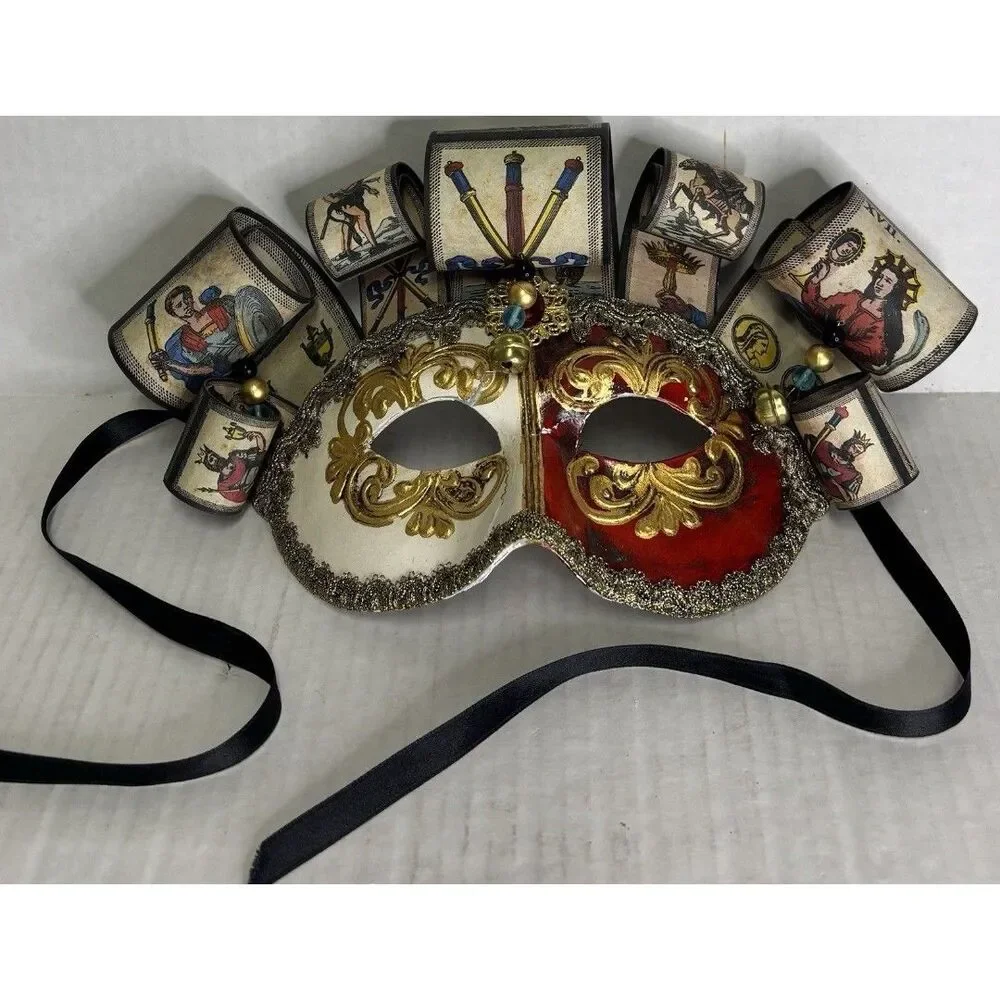 RARE Venetian Style Jester Masquerade Mask With Tarot Card Accents Handmade